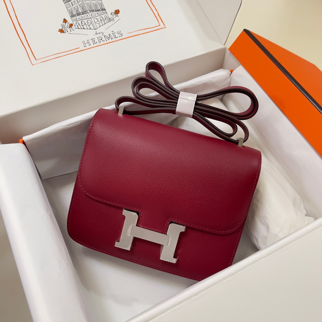 Hermes Constance 18 Mini Shoulder Bag In Burgundy Epsom Leather